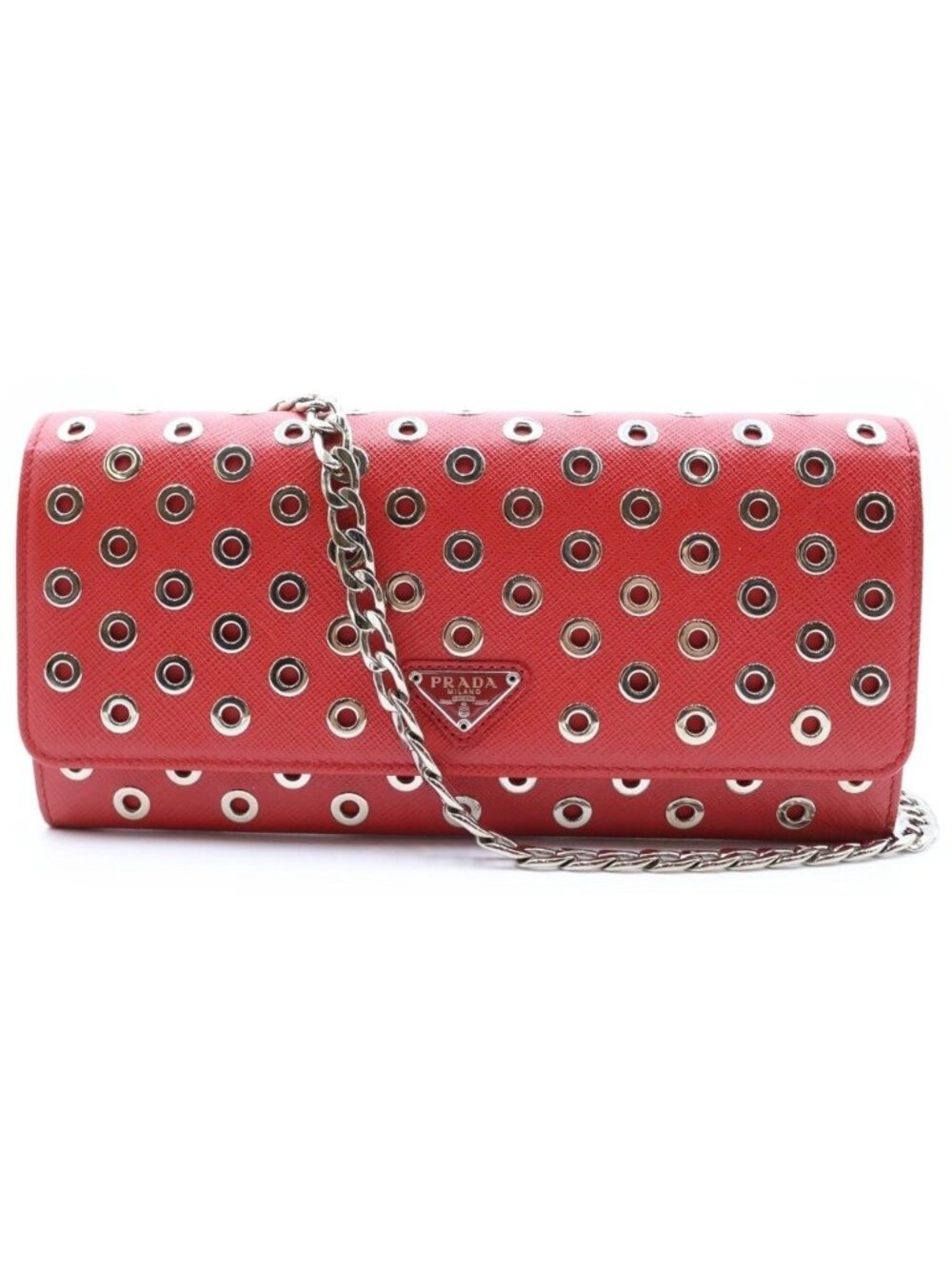 Prada Saffiano Perforated Stud Chain Wallet Red Shoulder Bag